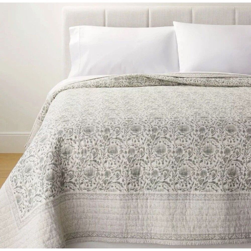 Queen Decorative Border Cotton Slub Print Quilt Light Teal Green NEW